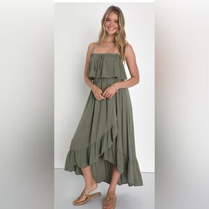 Lulu’s Sincerely Yours Ruffled Midi Dress SMALL Olive Green
